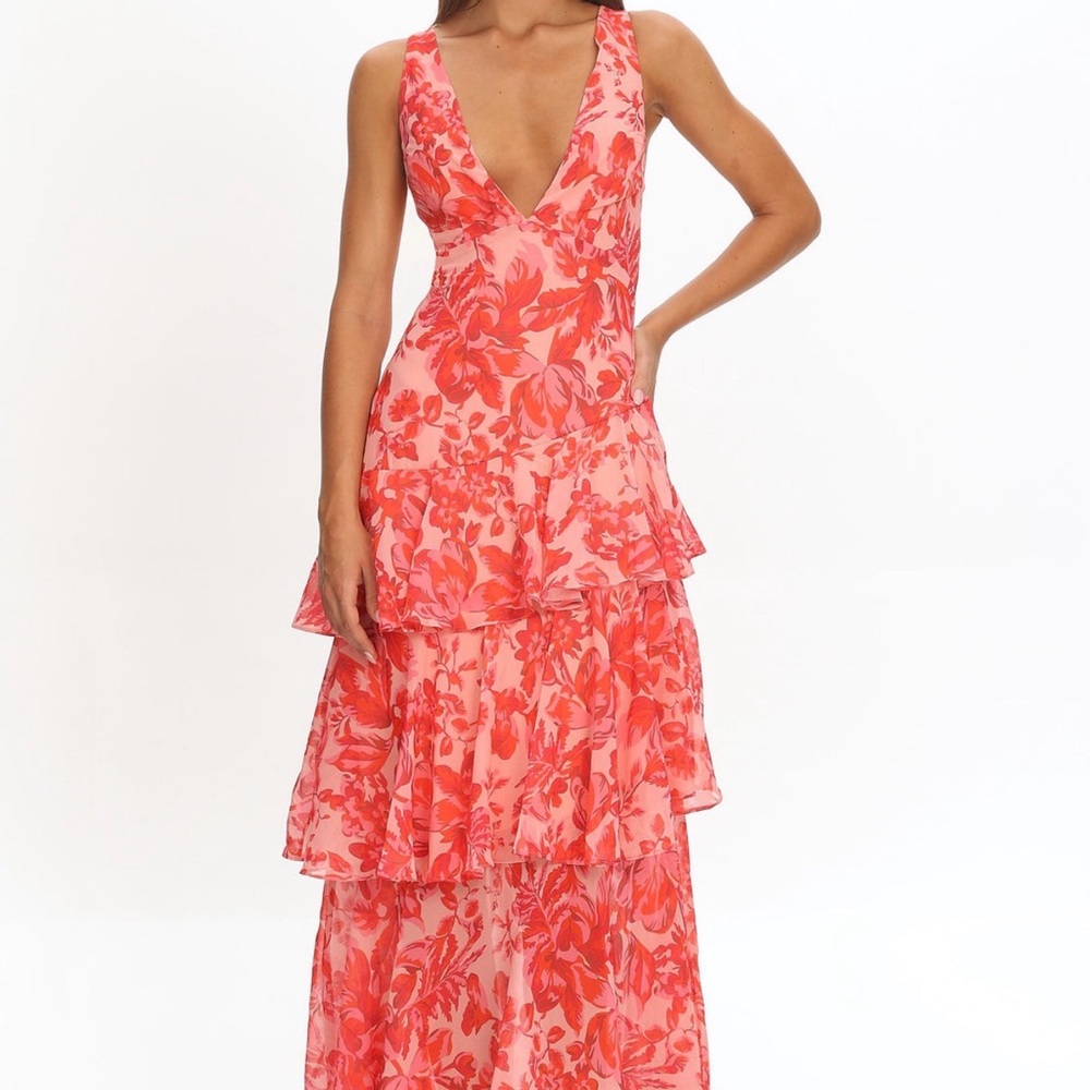 Selfie Leslie Veda Strappy Back Ruffle Midi Dress Red/Pink Floral